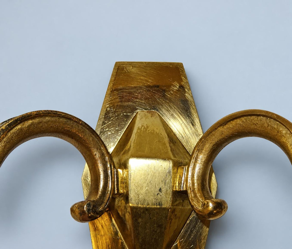 Vintage Pair of Louis XIV Style Polished Brass Wall Sconces, Faceted Backplates with Heavy Scroll Arms, Two Lights Each