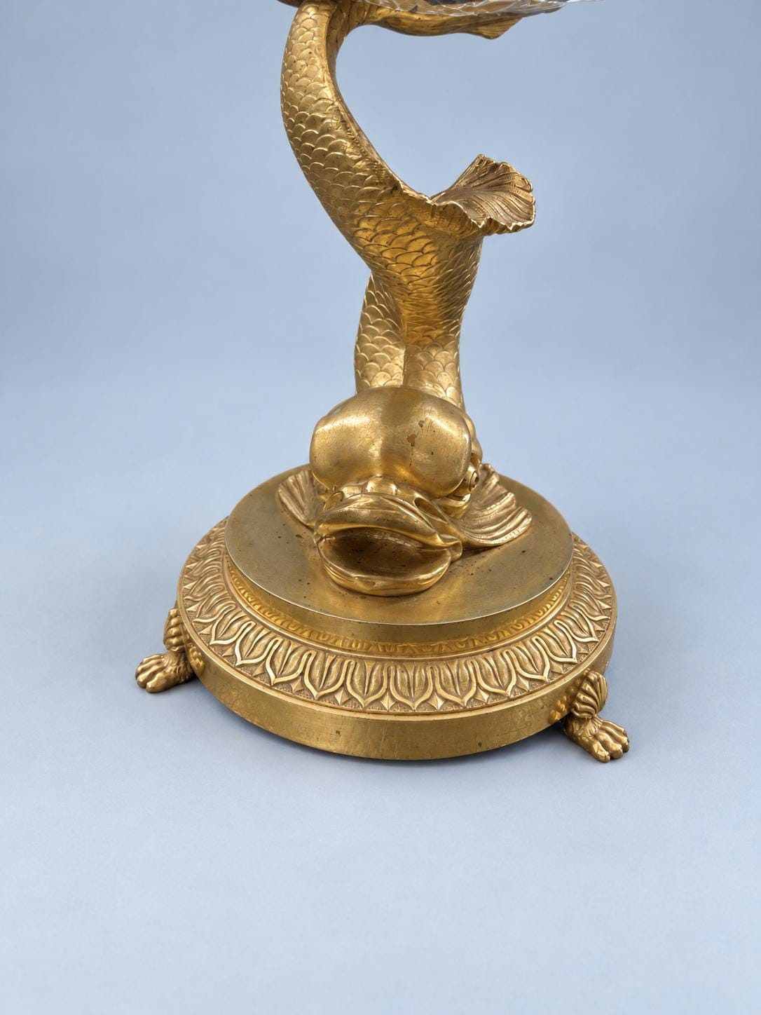 Vintage Empire Style Dolphin Tazza, Cut Glass Scalloped Bowl on Gilt Metal Dolphin Stand with Paw Feet, Attributed 19th Century, 23 cm