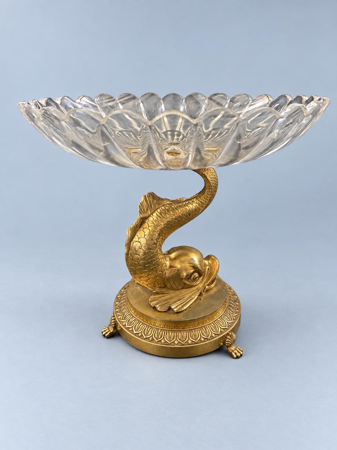 Vintage Empire Style Dolphin Tazza, Cut Glass Scalloped Bowl on Gilt Metal Dolphin Stand with Paw Feet, Attributed 19th Century, 23 cm