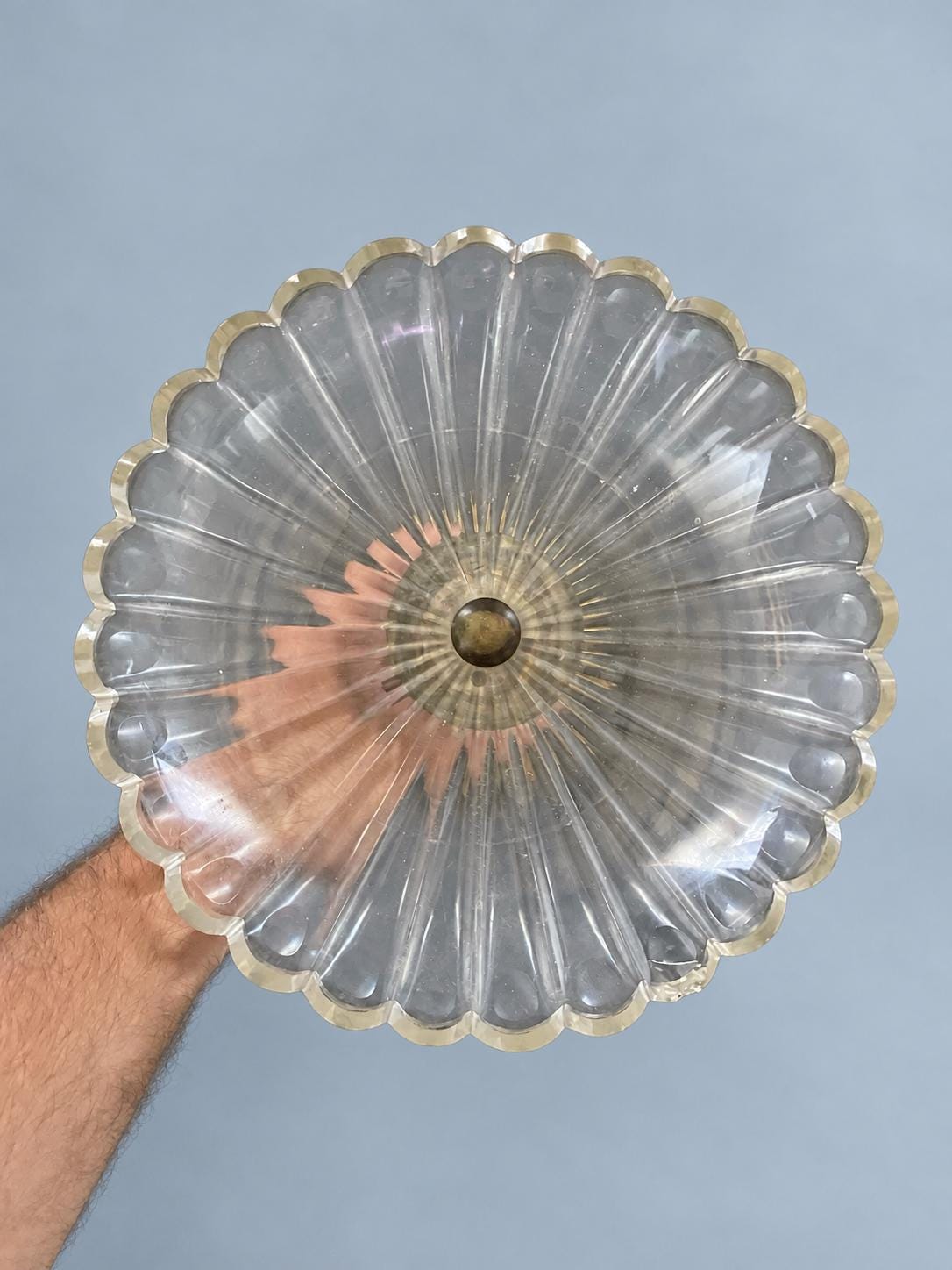 Vintage Empire Style Dolphin Tazza, Cut Glass Scalloped Bowl on Gilt Metal Dolphin Stand with Paw Feet, Attributed 19th Century, 23 cm