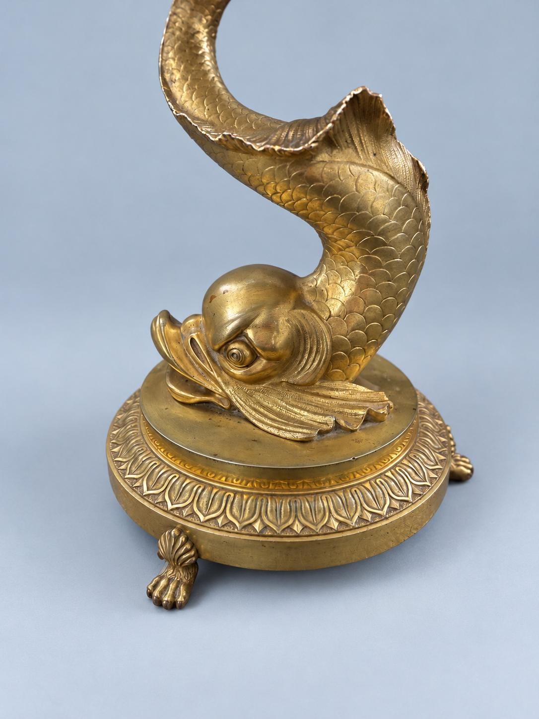 Vintage Empire Style Dolphin Tazza, Cut Glass Scalloped Bowl on Gilt Metal Dolphin Stand with Paw Feet, Attributed 19th Century, 23 cm