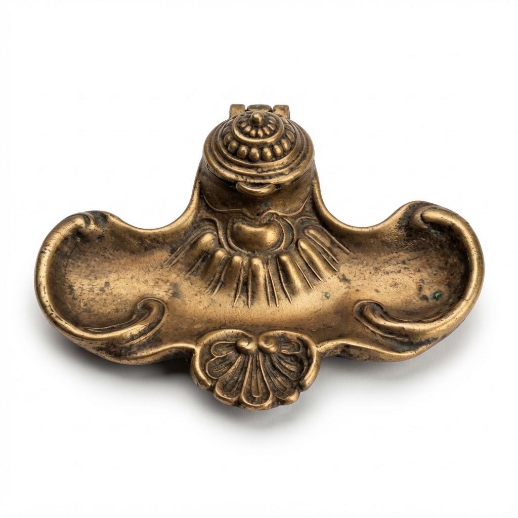 Vintage Louis XV Style Inkwell with Shell Decoration, Patinated Metal Pen Tray with Hinged Lid, 18 cm