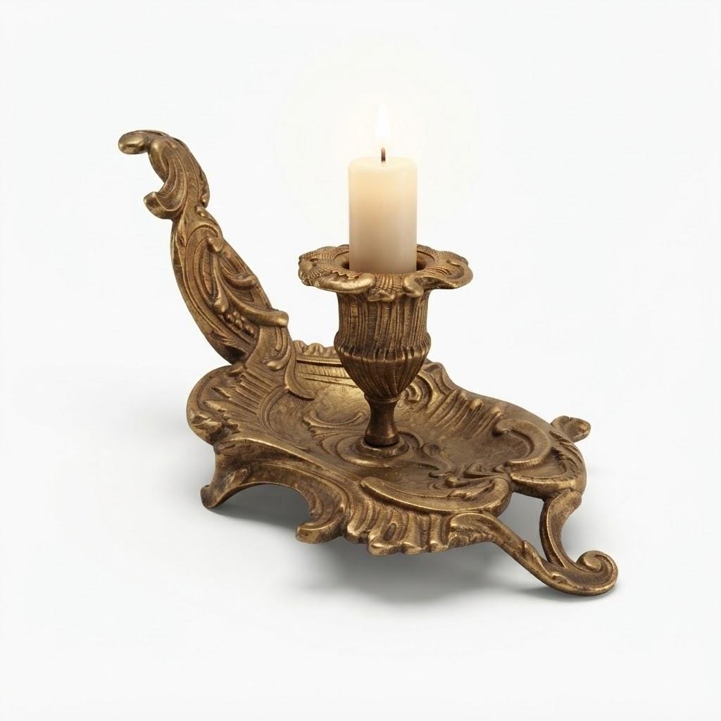 Vintage Louis XV Rocaille Style Gilt Metal Chamberstick, Hand Candle Holder with Scrolled Handle, 23 cm