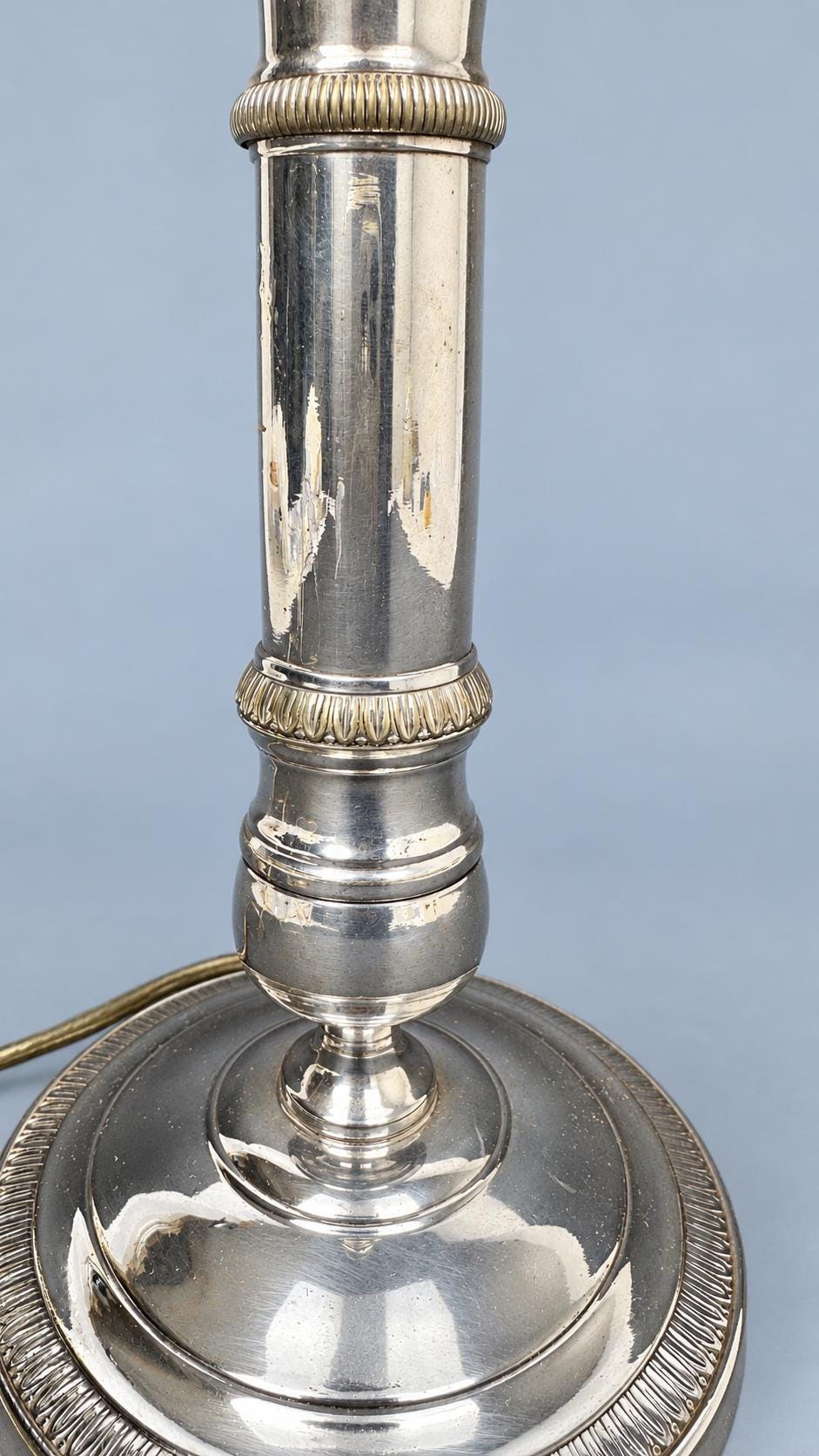 Vintage Empire Consulat Style Candlestick Table Lamp, Silver-Tone Metal with Leaf Bands, Attributed 19th Century, Sold Without Shade