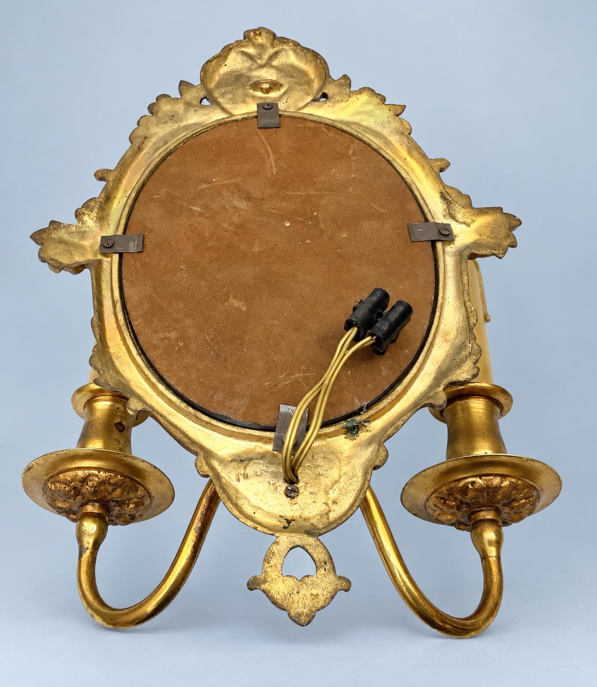 Vintage Pair of Rococo Style Mirror Wall Sconces, Gilt Metal Cartouche Frames with Two Lights Each, 33 cm