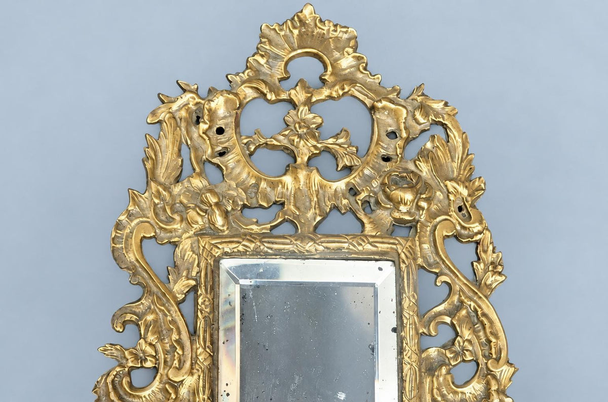 Pair of Bronze Mirror Candle Sconces, Louis XV Rocaille Style, Bevelled Rectangular Mirrors and Floral Openwork, 41 cm