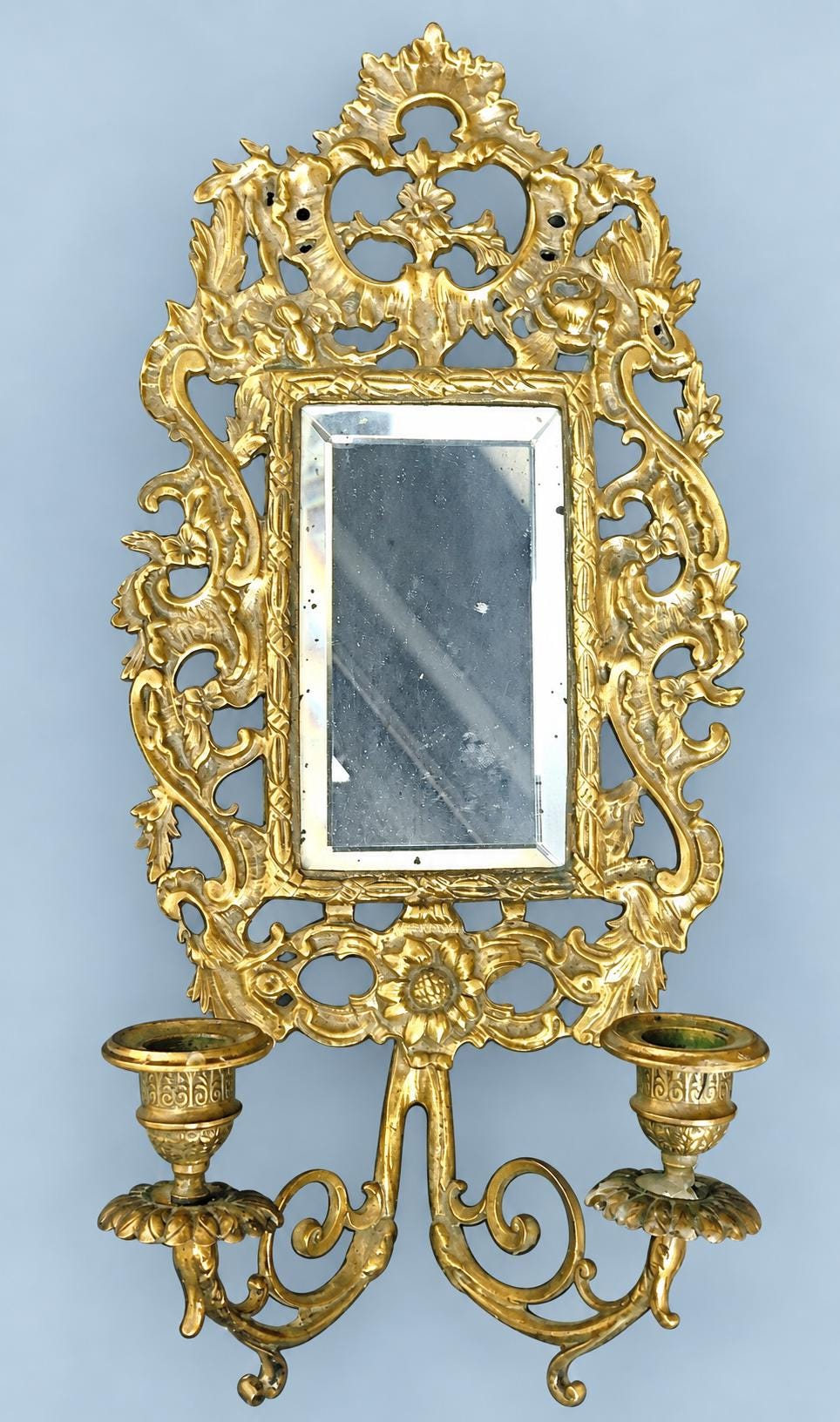 Pair of Bronze Mirror Candle Sconces, Louis XV Rocaille Style, Bevelled Rectangular Mirrors and Floral Openwork, 41 cm