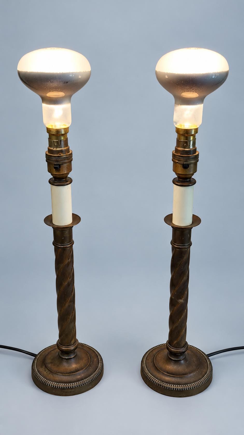 Vintage Pair of Twist-Column Candlestick Table Lamps, Patinated Metal with Gadrooned Bases and Candle Sleeves, Sold Without Shades, 38 cm
