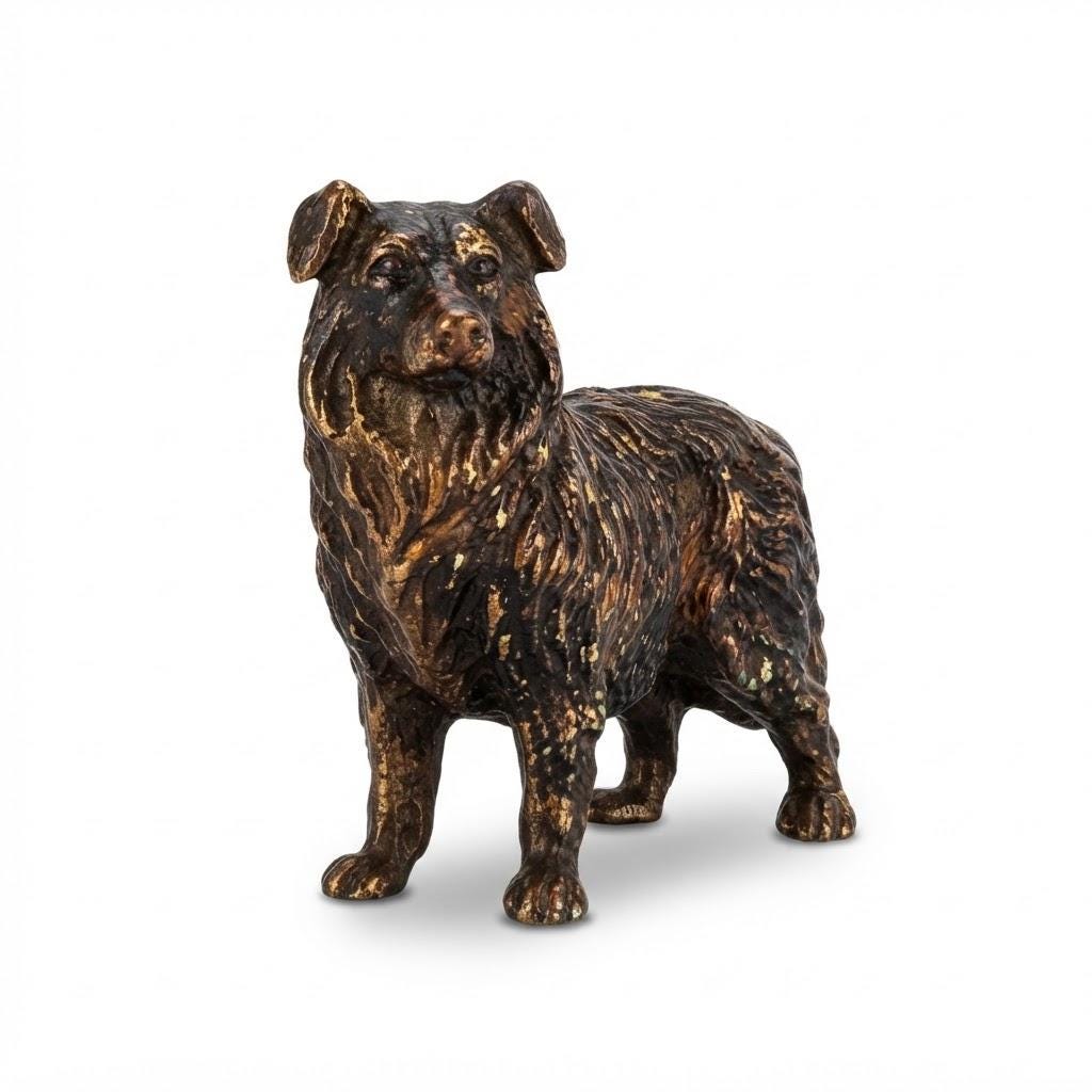 Vintage Cold-Painted Metal Dog Figure in the Viennese Tradition, Long-Coated Dog Turning Its Head, Attributed Late 19th–Early 20th Century