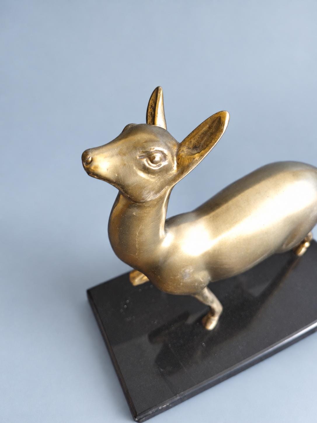 Vintage Art Deco Style Doe Statuette, Gilt Metal Fawn Looking Upward on Black Marble Base, 21 cm