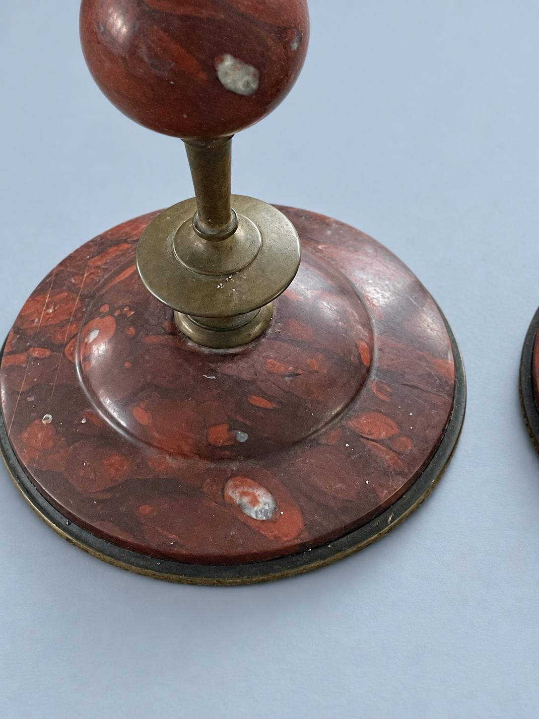 Vintage Pair of Red Marble and Brass-Tone Metal Candlesticks, Ball Knop and Domed Base, Attributed 19th Century, 21.5 cm