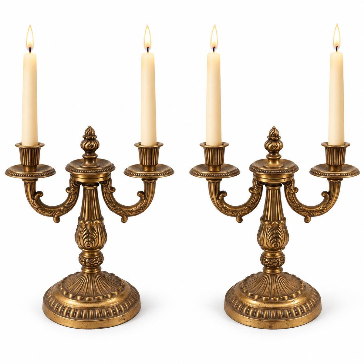 Vintage Pair of Louis XVI Style Two-Light Candelabra, Gold-Tone Metal with Flame Finials and Acanthus Stems, 25 cm
