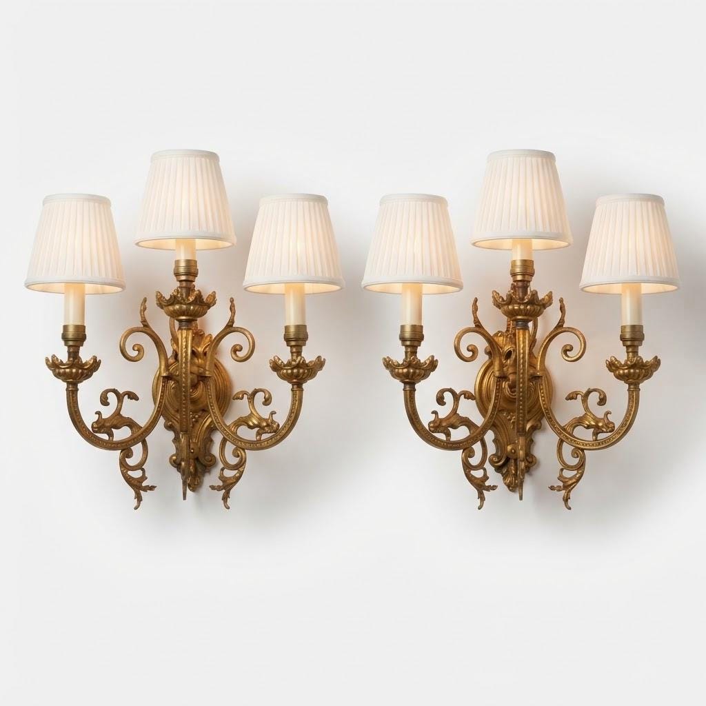 Vintage Pair of Three-Light Wall Sconces, Attributed Late 19th–Early 20th Century, Gilt Metal Beaded Arms with Chimera Brackets, 31 cm