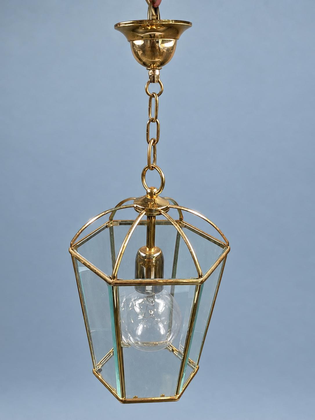 Vintage Hexagonal Brass Hall Lantern with Bevelled Glass Panels and Domed Rib Top, Single Light, Chain and Canopy
