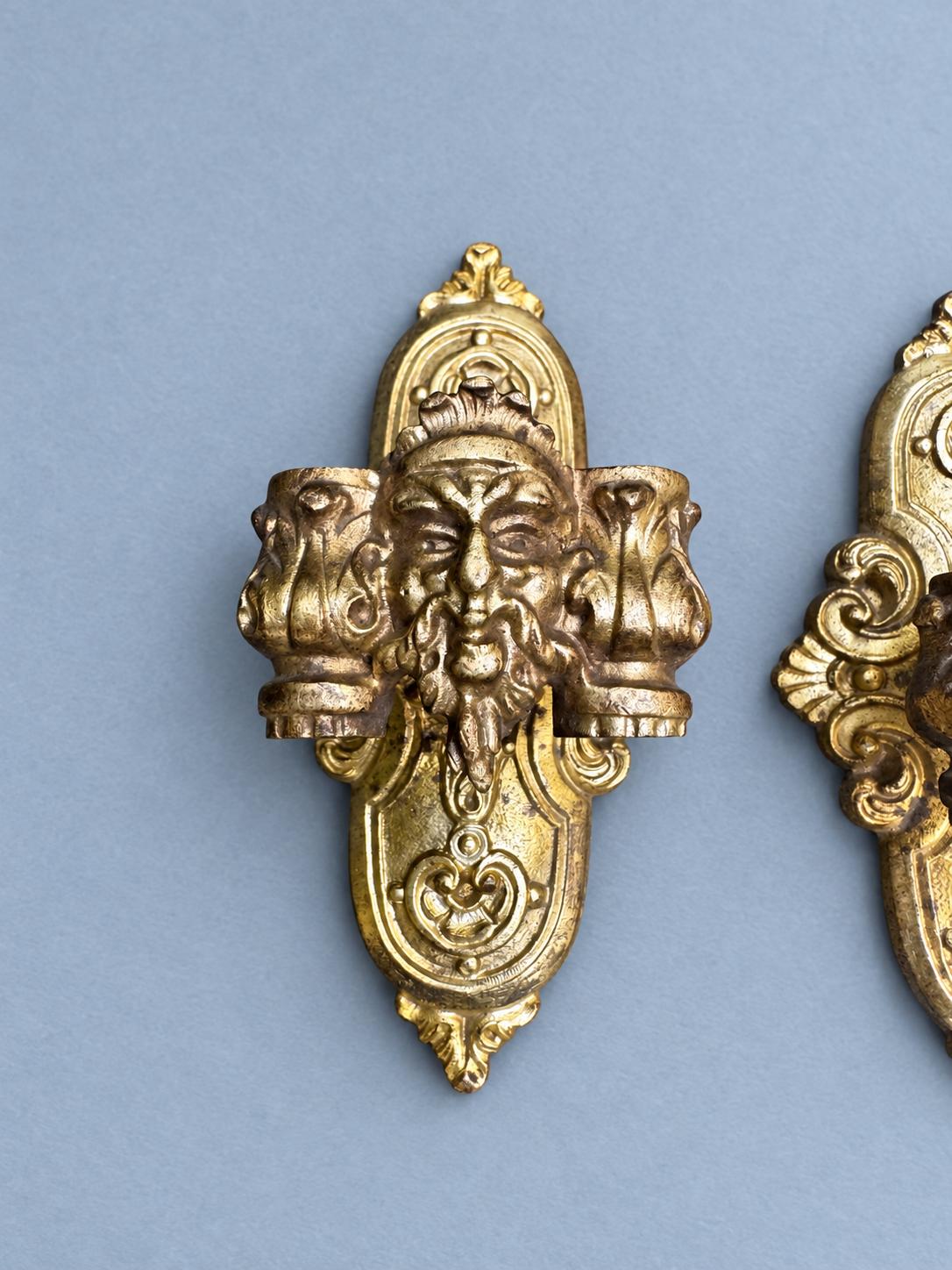 Vintage Pair of Small Double Candle Holders with Bearded Masks, Gilt Metal Wall or Furniture Mounts, Renaissance Revival, 19th Century