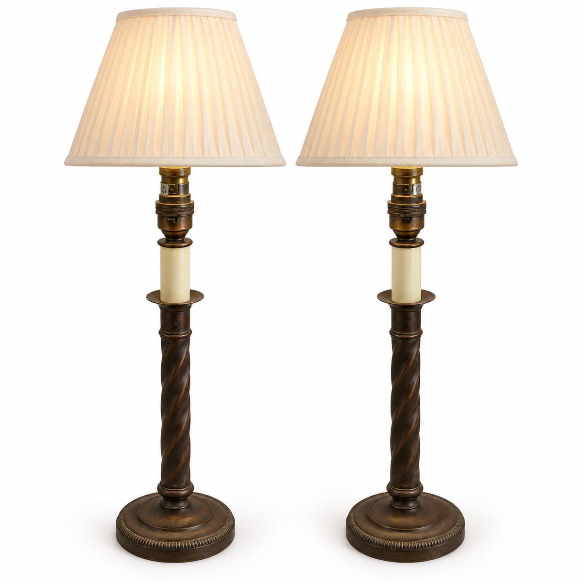 Vintage Pair of Twist-Column Candlestick Table Lamps, Patinated Metal with Gadrooned Bases and Candle Sleeves, Sold Without Shades, 38 cm