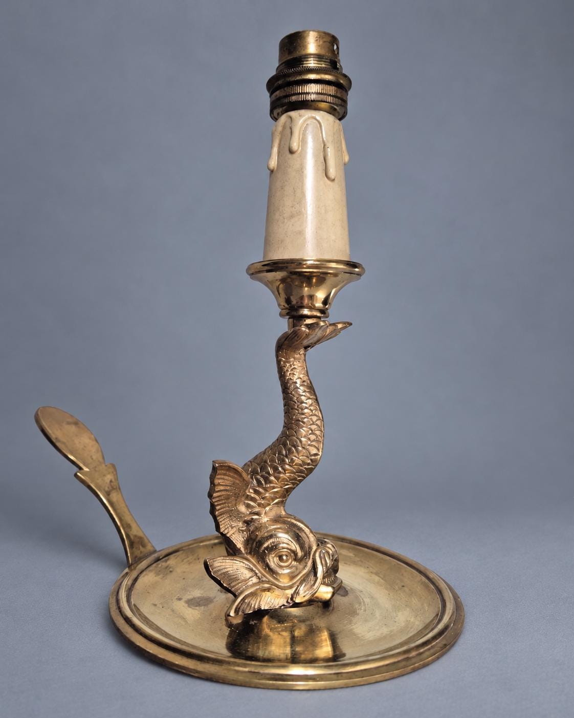 Vintage Dolphin Table Lamp, Gold-Tone Metal Stylized Dolphin on Round Chamberstick Base with Handle, Hollywood Regency Style