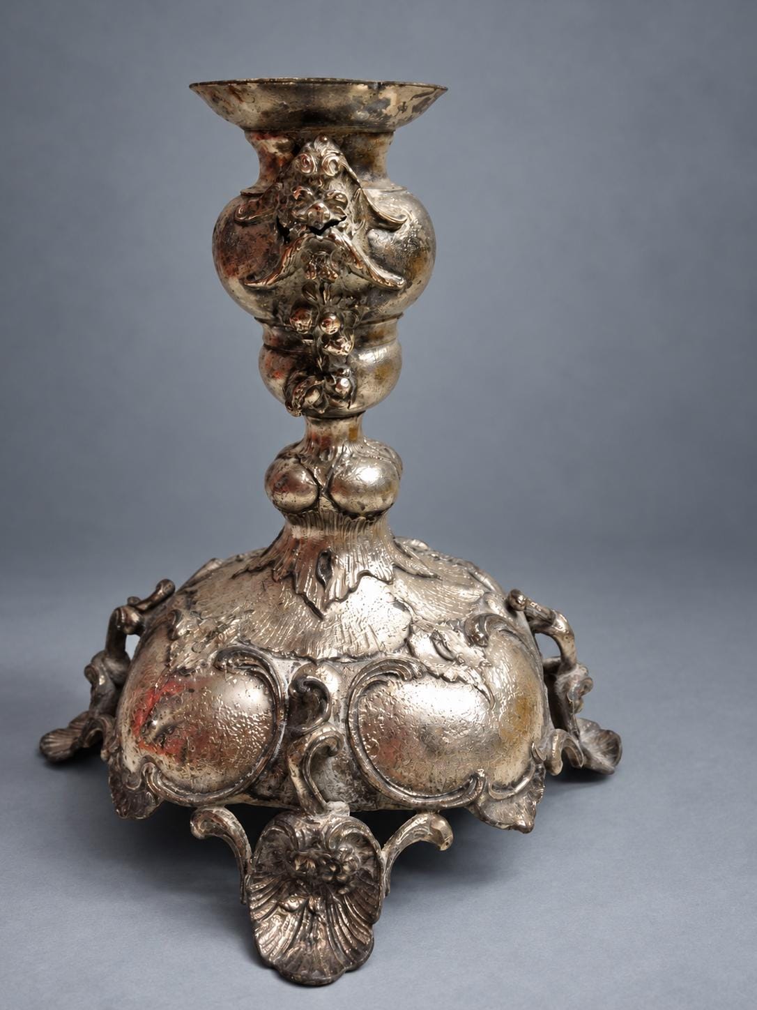 Vintage Rococo Revival Style Candlestick with Bacchic Masks and Fruit Festoons, Silver-Tone Metal on Domed Rocaille Base, 21 cm