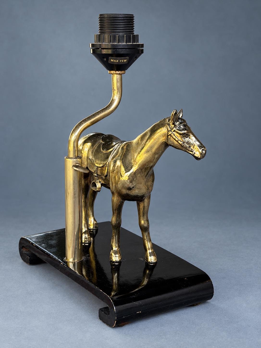 Vintage Horse Table Lamp Base, Attributed 1970s, Gold-Tone Saddled Horse on Black Lacquered Scroll-End Wooden Stand, Adjustable Height