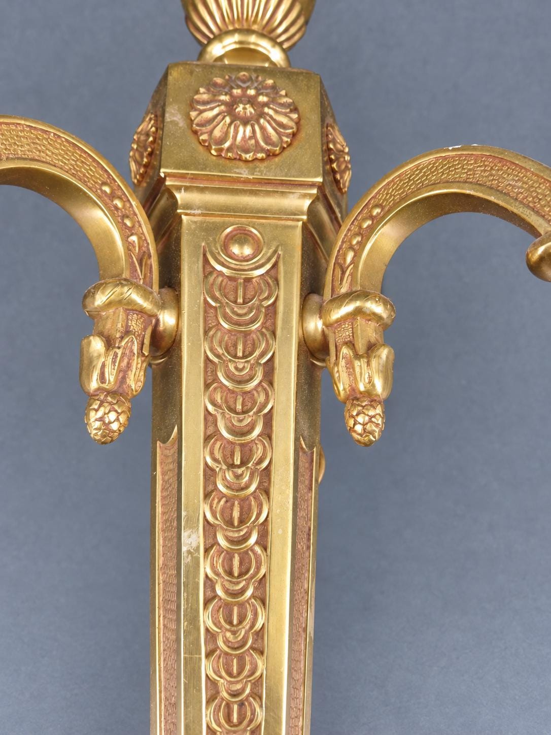 Vintage Pair of Large Louis XVI Style Gilt Metal Wall Sconces, Tapering Backplates with Urn Finials and Rosettes, Two Lights Each, 36 cm