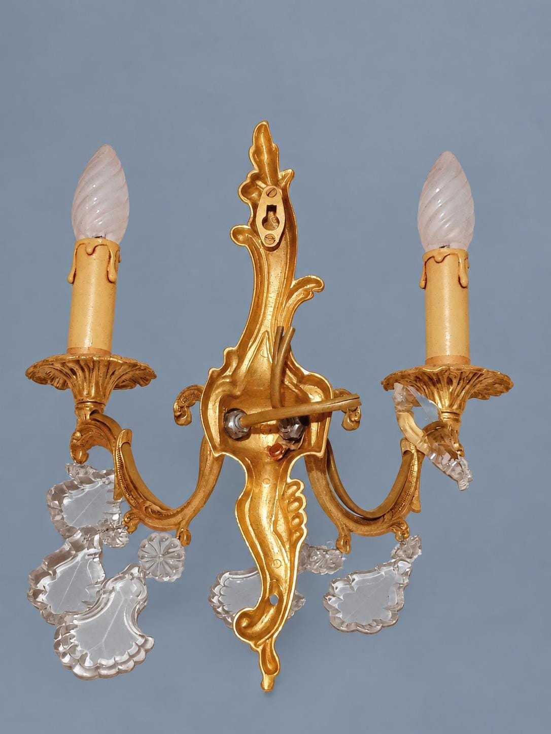 Vintage Pair of Louis XV Style Gilt Metal Wall Sconces with Faceted Glass Drops, Two Scrolled Arms Each, 36 cm