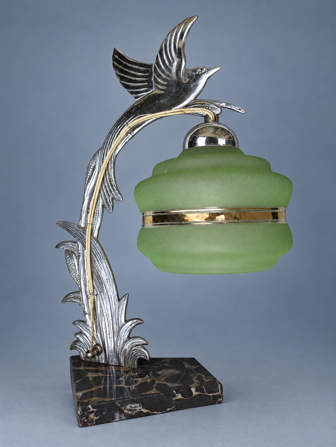 Vintage Art Deco Bird Table Lamp, Attributed c. 1935, Chrome-Finish Metal Bird on Reed Stem with Green Frosted Glass Shade,Black Marble Base
