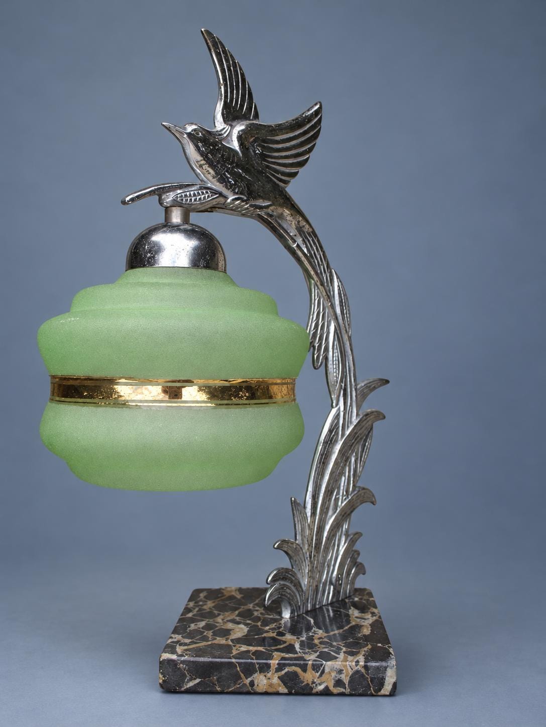 Vintage Art Deco Bird Table Lamp, Attributed c. 1935, Chrome-Finish Metal Bird on Reed Stem with Green Frosted Glass Shade,Black Marble Base