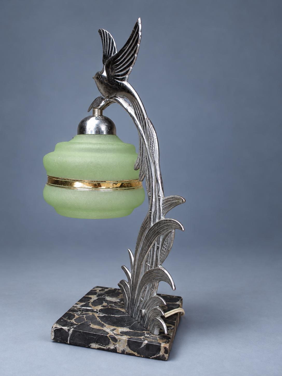 Vintage Art Deco Bird Table Lamp, Attributed c. 1935, Chrome-Finish Metal Bird on Reed Stem with Green Frosted Glass Shade,Black Marble Base
