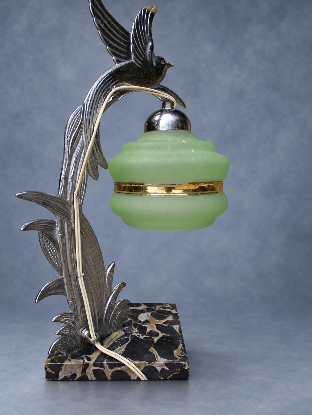 Vintage Art Deco Bird Table Lamp, Attributed c. 1935, Chrome-Finish Metal Bird on Reed Stem with Green Frosted Glass Shade,Black Marble Base