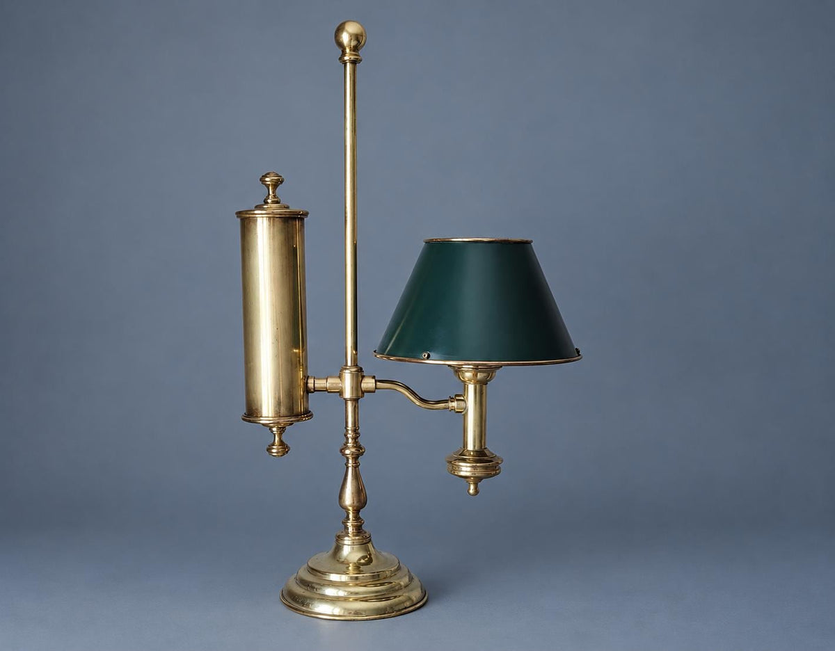 Vintage Brass Student Lamp, Victorian Style Desk Lamp with Faux Oil Reservoir and Green Painted Metal Shade, 57 cm