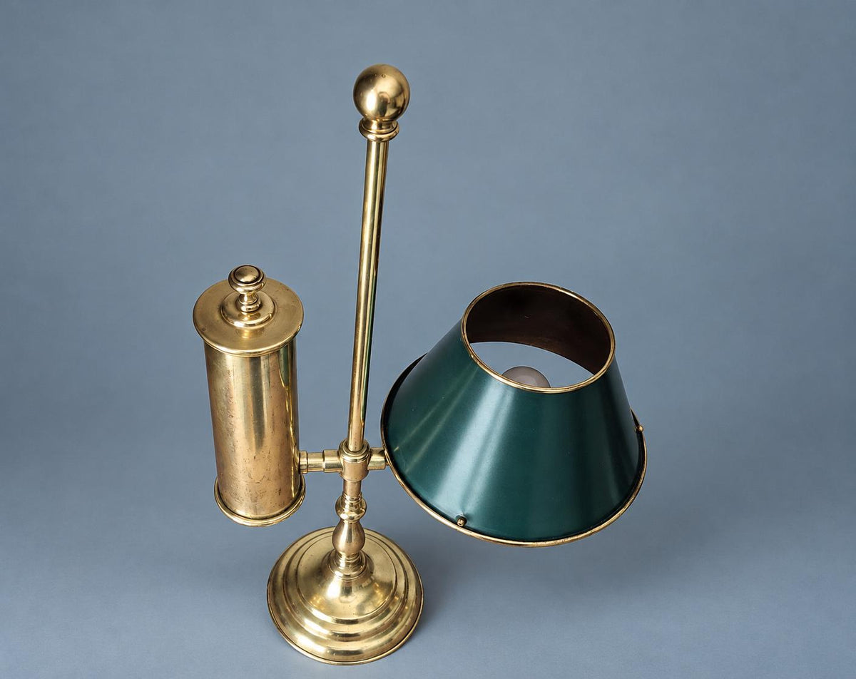 Vintage Brass Student Lamp, Victorian Style Desk Lamp with Faux Oil Reservoir and Green Painted Metal Shade, 57 cm