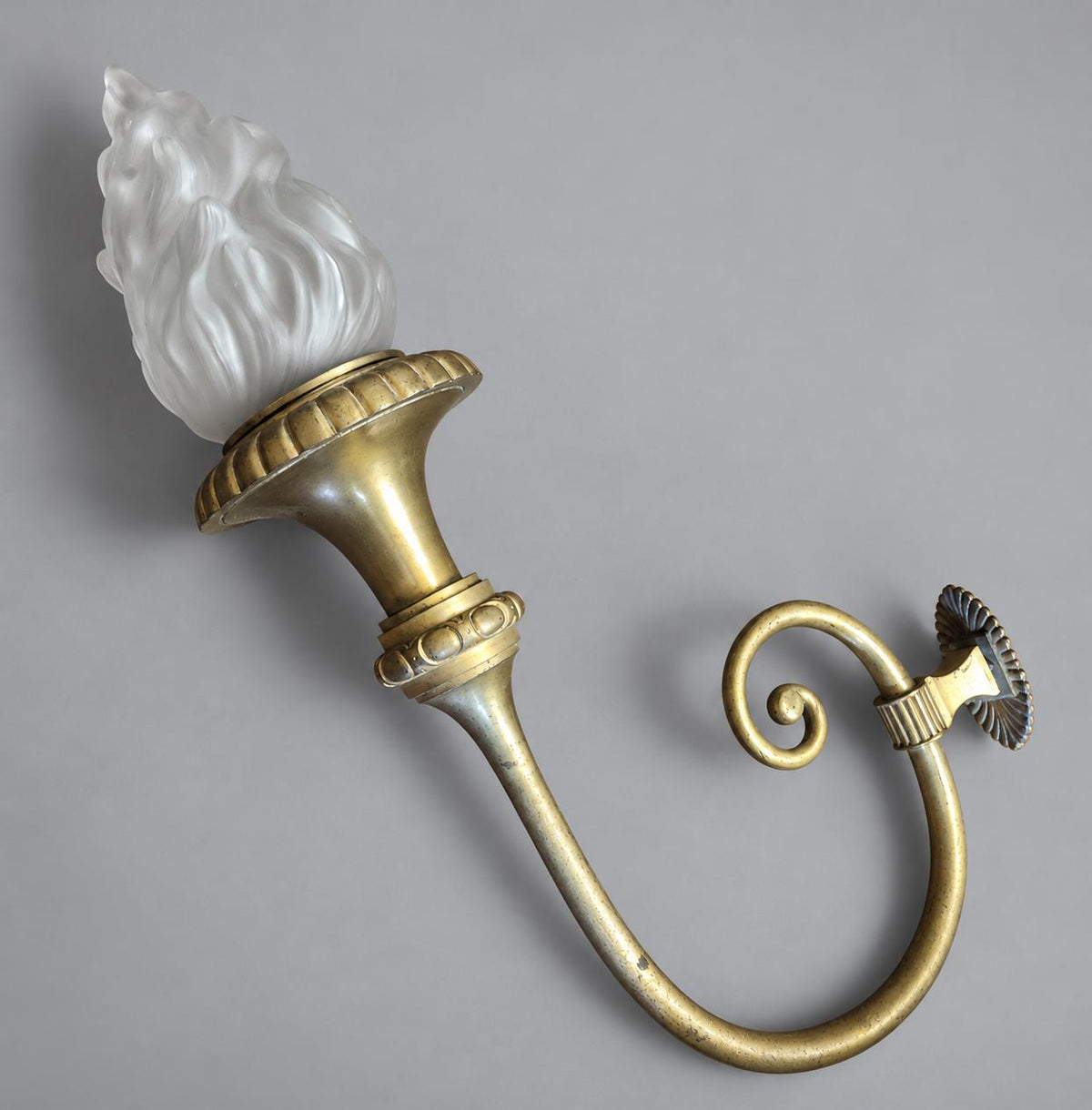 Vintage Large Empire Style Torch Wall Sconce, Gold-Tone Metal Scrolled Arm with Frosted Glass Flame Shade, Attributed 19th Century, 58 cm