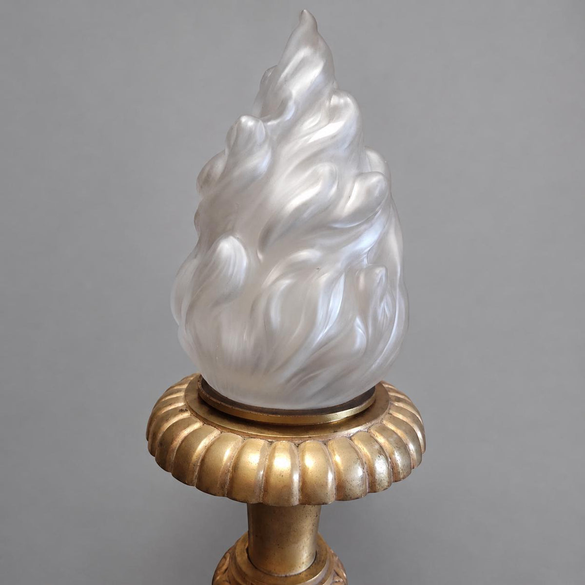 Vintage Large Empire Style Torch Wall Sconce, Gold-Tone Metal Scrolled Arm with Frosted Glass Flame Shade, Attributed 19th Century, 58 cm