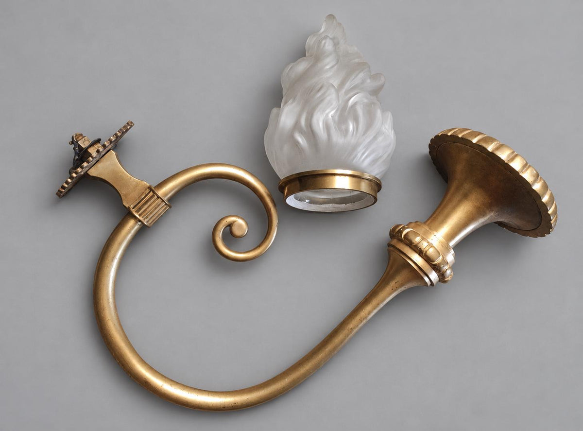 Vintage Large Empire Style Torch Wall Sconce, Gold-Tone Metal Scrolled Arm with Frosted Glass Flame Shade, Attributed 19th Century, 58 cm