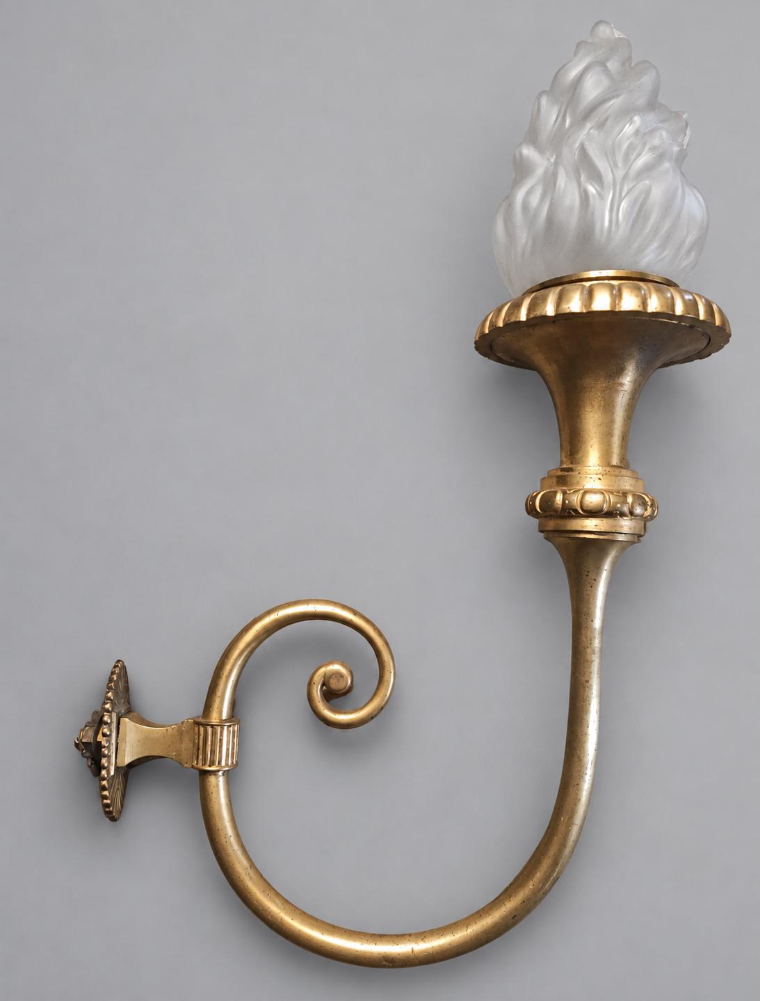Vintage Large Empire Style Torch Wall Sconce, Gold-Tone Metal Scrolled Arm with Frosted Glass Flame Shade, Attributed 19th Century, 58 cm