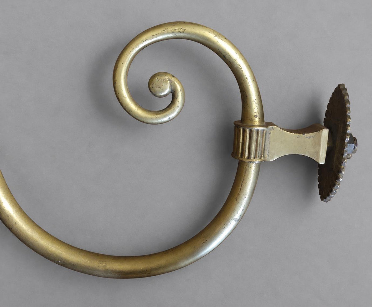 Vintage Large Empire Style Torch Wall Sconce, Gold-Tone Metal Scrolled Arm with Frosted Glass Flame Shade, Attributed 19th Century, 58 cm