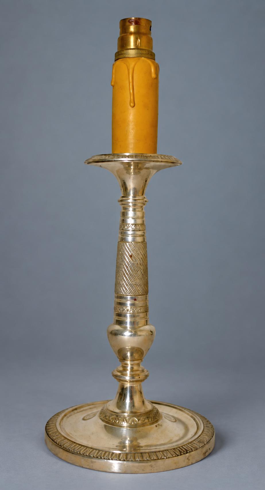 Vintage Empire Style Candlestick Table Lamp, Silver-Tone Metal with Heart-and-Dart and Beaded Bands, Attributed Late 19th Century