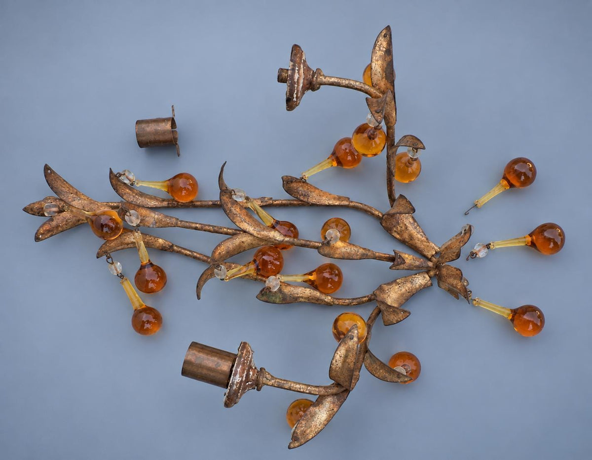 Vintage Pair of Florentine Style Gilt Tôle Candle Sconces with Amber Glass Drops, Leaf Sprays and Two Arms Each, 45 cm