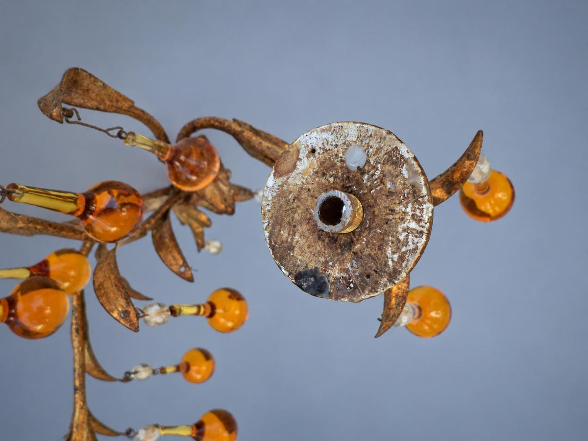 Vintage Pair of Florentine Style Gilt Tôle Candle Sconces with Amber Glass Drops, Leaf Sprays and Two Arms Each, 45 cm
