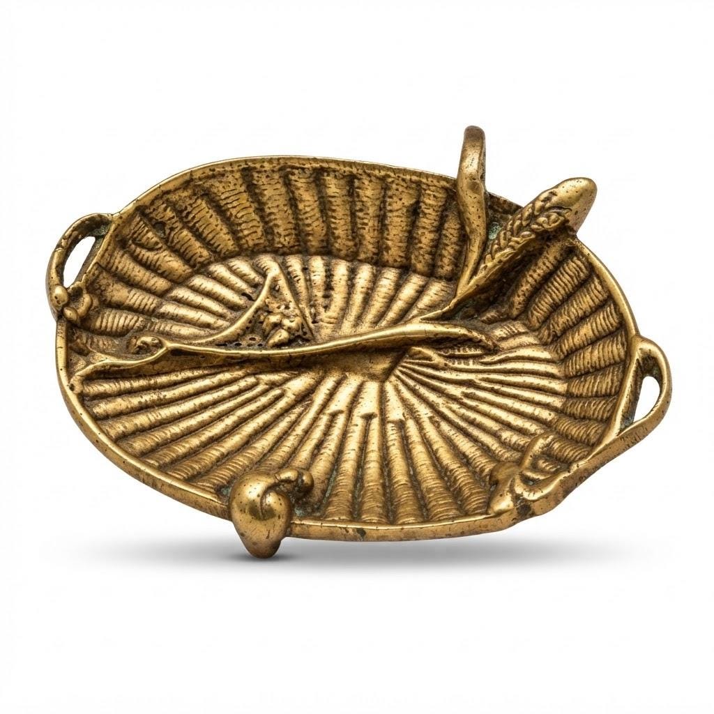 Vintage Basket-Weave Vide-Poche with Snail and Ear of Wheat, Patinated Metal Woven Dish with Twin Handles, 11 cm