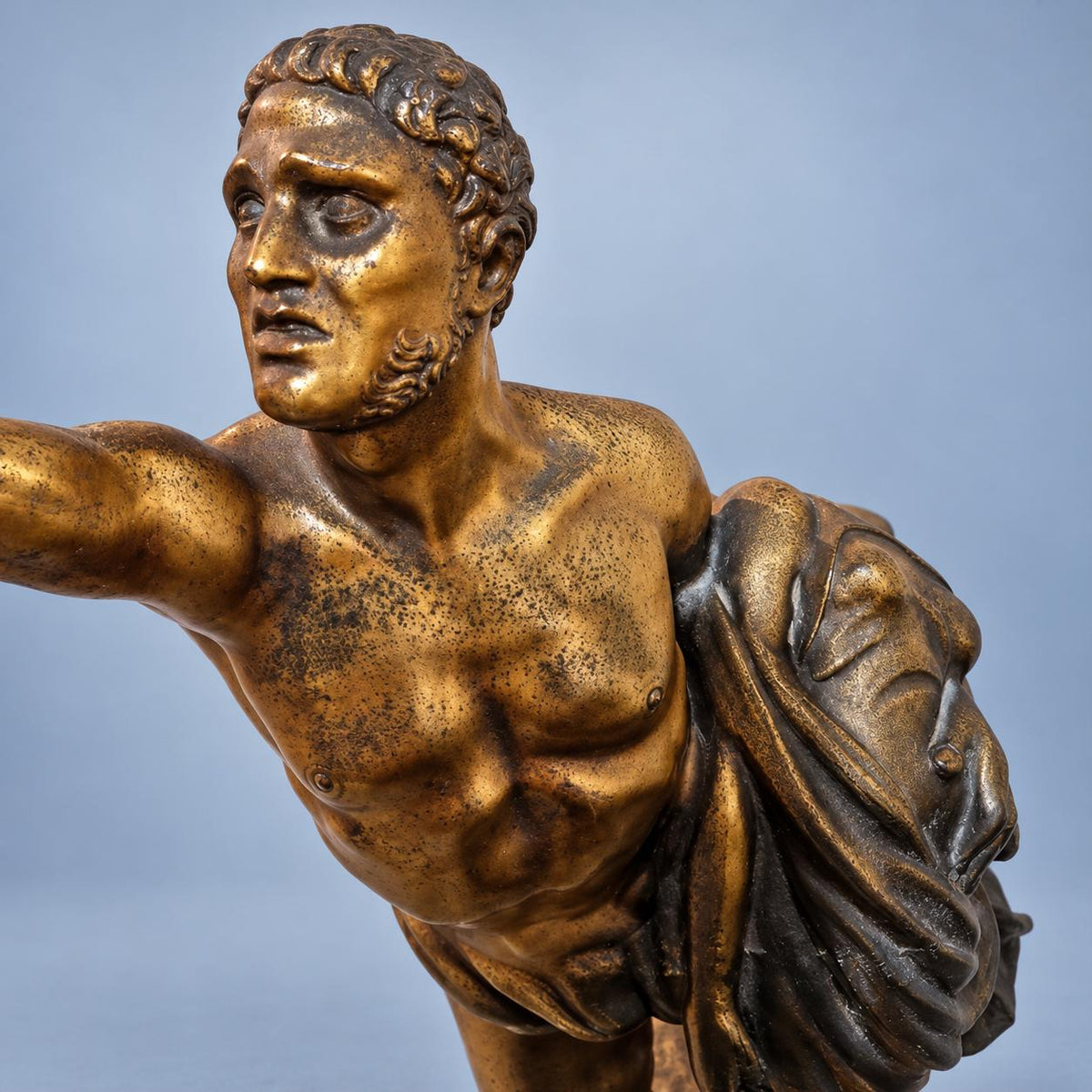 Mythological Warrior Statue Carrying a Woman, Gold-Tone Spelter on Marble Base, Vintage