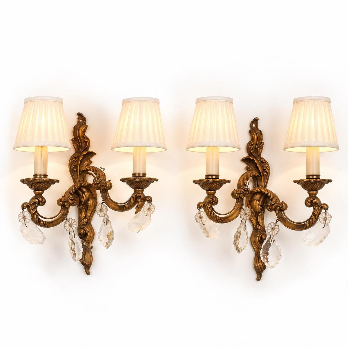 Pair of Louis XV Style Gilt Two-Arm Wall Sconces with Cut Glass Drops, Vintage