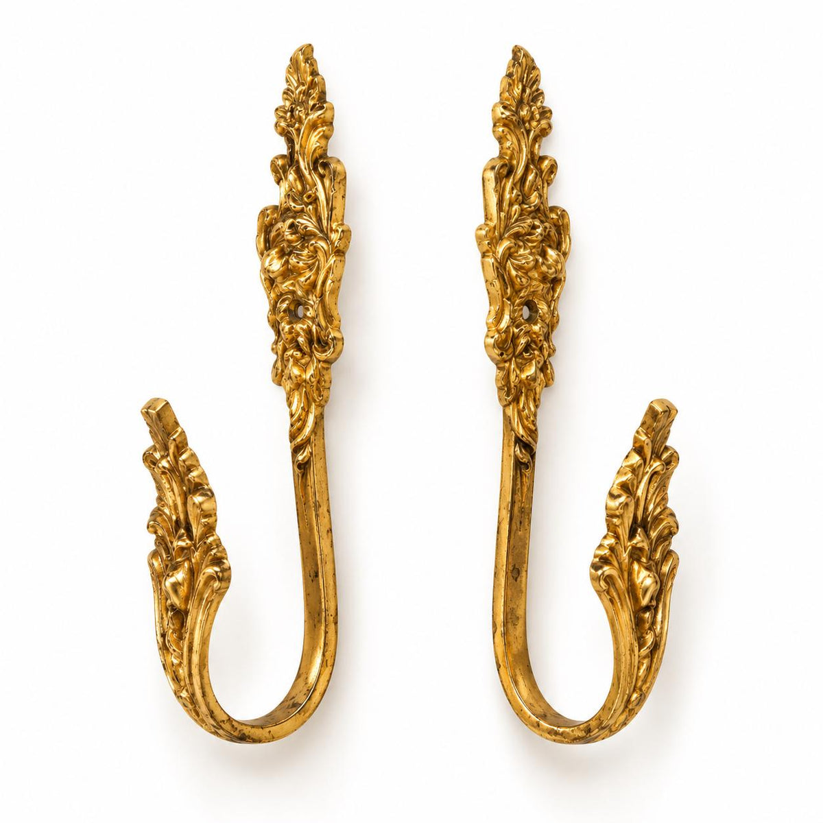 Pair of Gold-Tone Rococo Curtain Tiebacks, Ornate Cast Holdback Hooks, Vintage