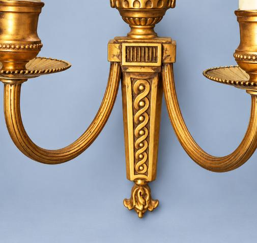 Pair of Small Gilt Louis XVI Style Two-Arm Wall Sconces with Urn Finial, Vintage