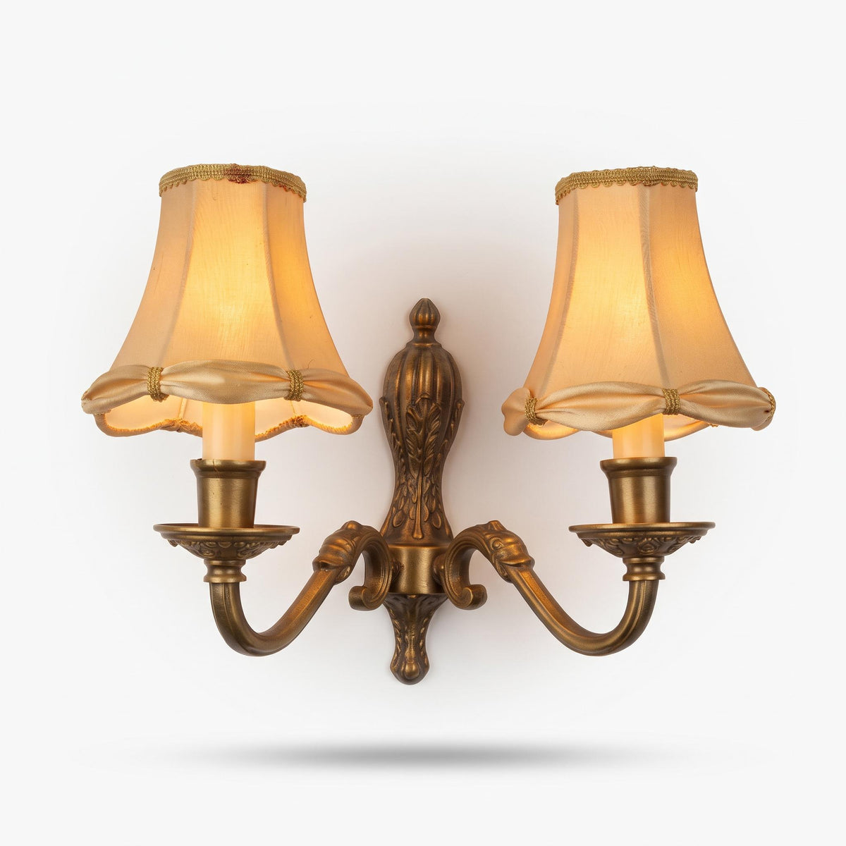 Vintage Brass Two-Arm Wall Sconce with Gold Satin Fabric Lamp Shades, Classic Regency Style Light for Bedroom or Living Room