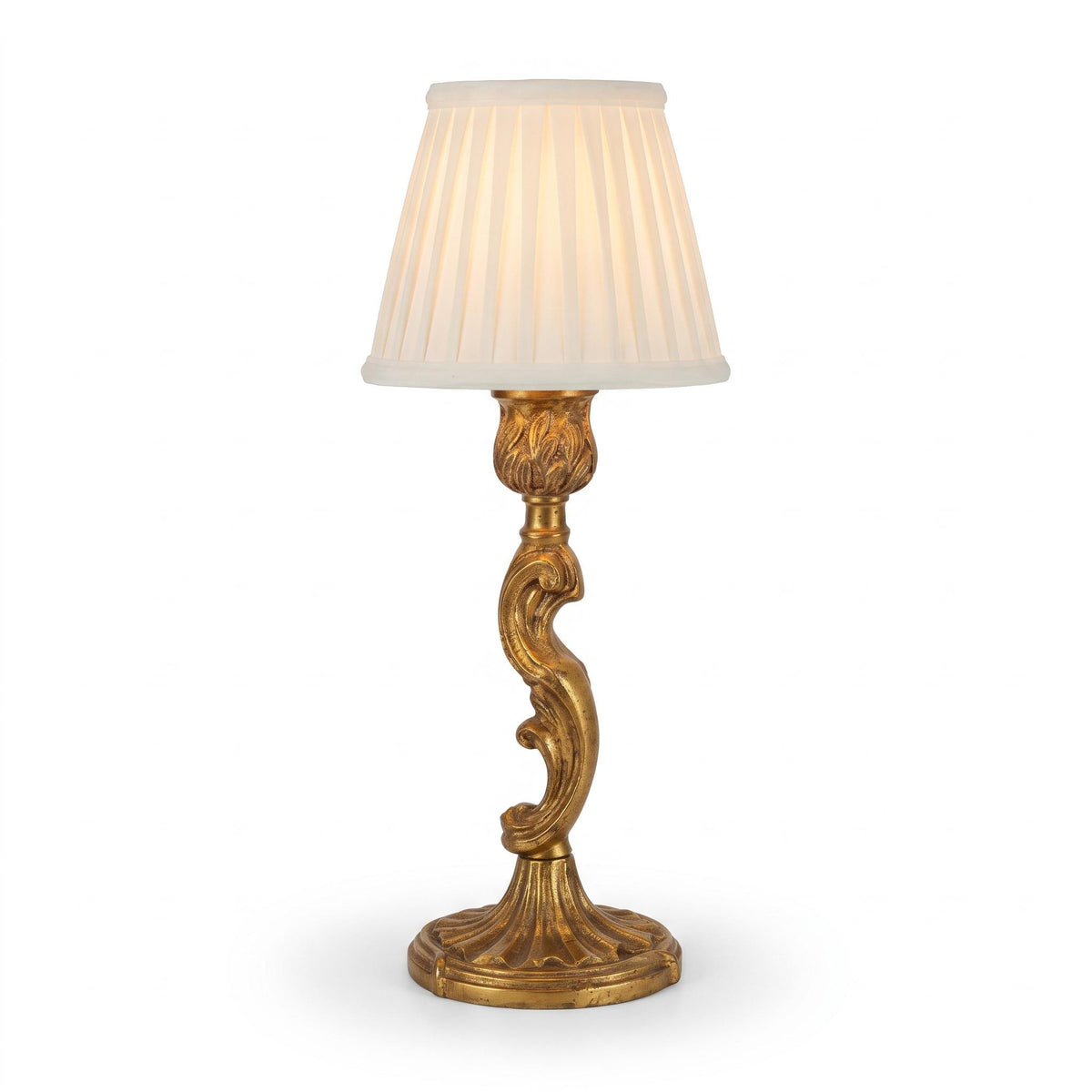 Vintage Louis XV Style Gilt Brass Table Lamp Base, Rococo Scroll Candlestick Form with Shell Foot, Small Bedside or Desk Lamp