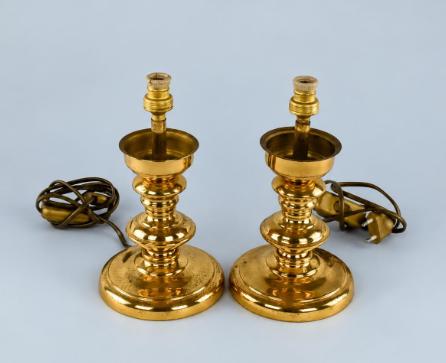 Vintage Pair of Gold-Tone Metal Table Lamp Bases, Turned Balusters and Bowl Collars, 22.3 cm