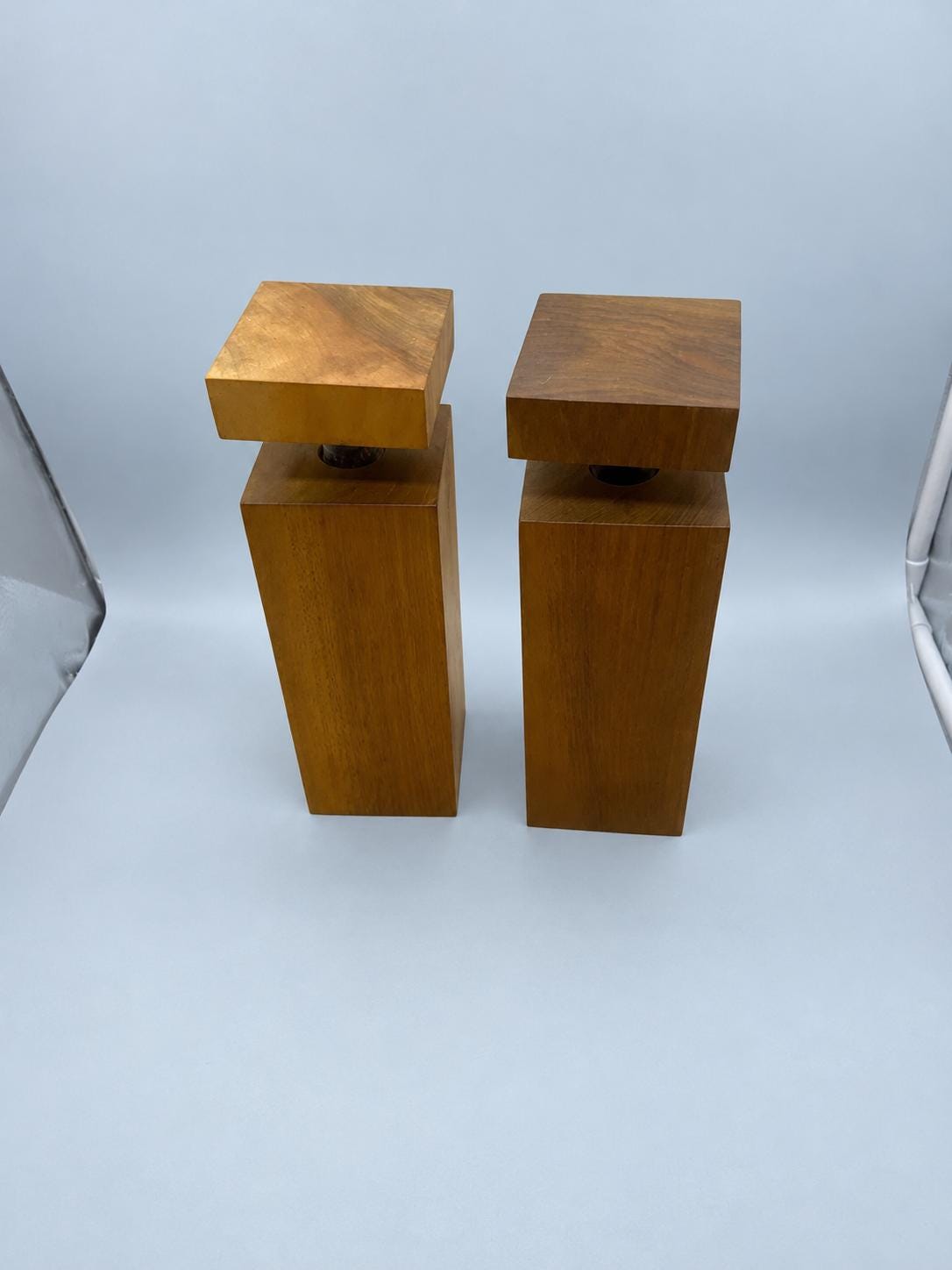 Vintage Pair of Wooden-Bodied Decanters with Glass Pouring Necks and Square Stoppers, Minimalist Barware, Lausanne Inscription, 27 cm