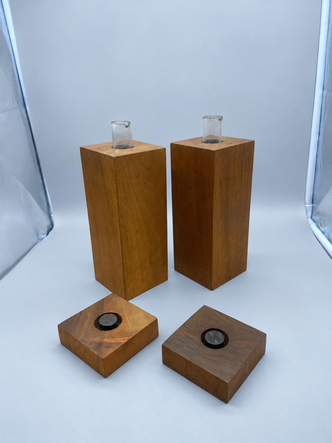 Vintage Pair of Wooden-Bodied Decanters with Glass Pouring Necks and Square Stoppers, Minimalist Barware, Lausanne Inscription, 27 cm