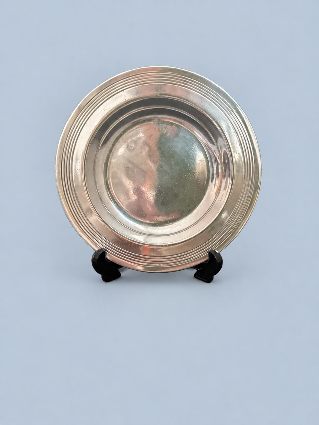 Vintage French Art Deco Style Round Dish, c. 1910–1930, Silver-Tone Metal with Stepped Concentric Rim, Trinket, Soap or Bottle Dish